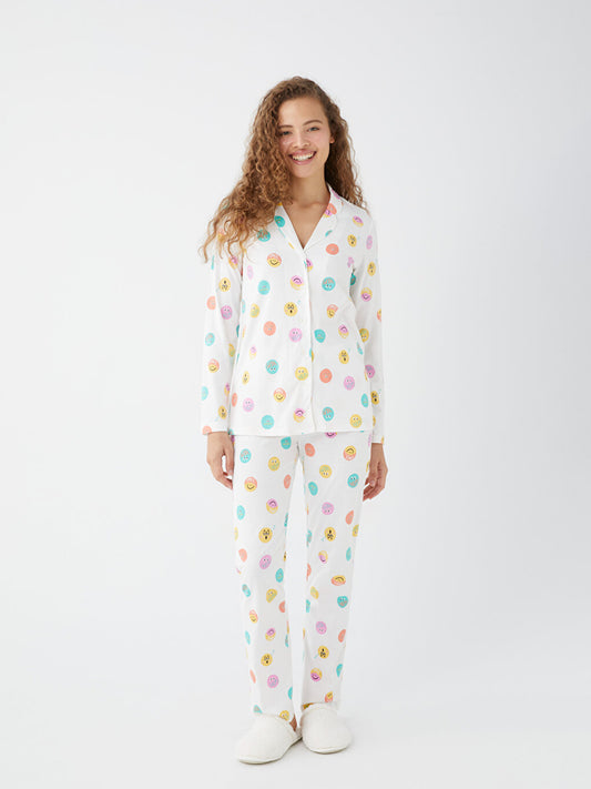 Shirt Collar Patterned Long Sleeve Women's Pajama Set