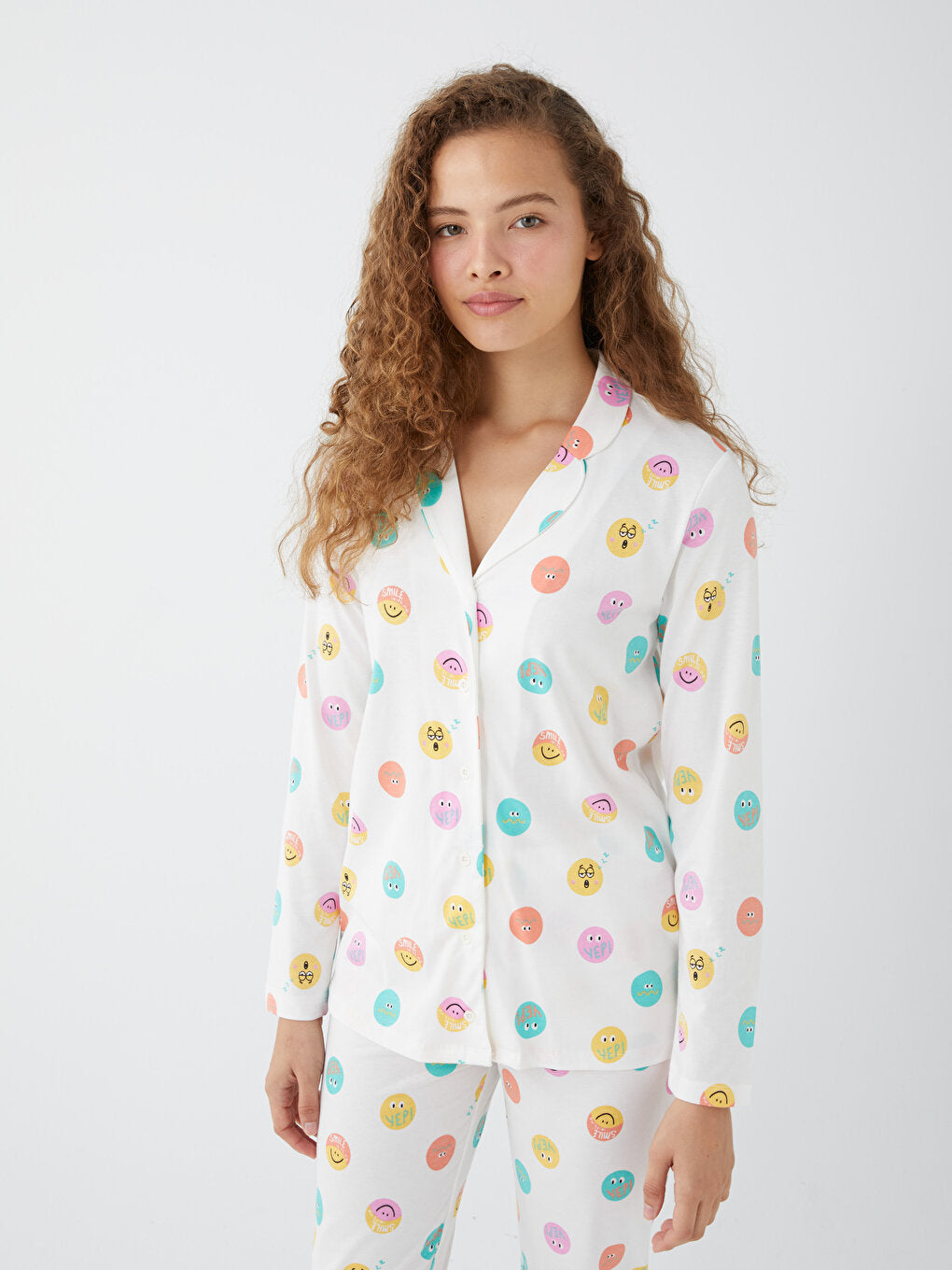 Shirt Collar Patterned Long Sleeve Women's Pajama Set