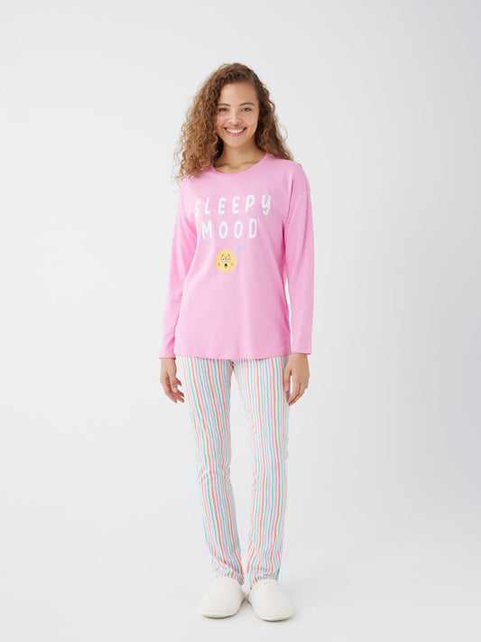 Crew Neck Patterned Long Sleeve Women's Pajama Set