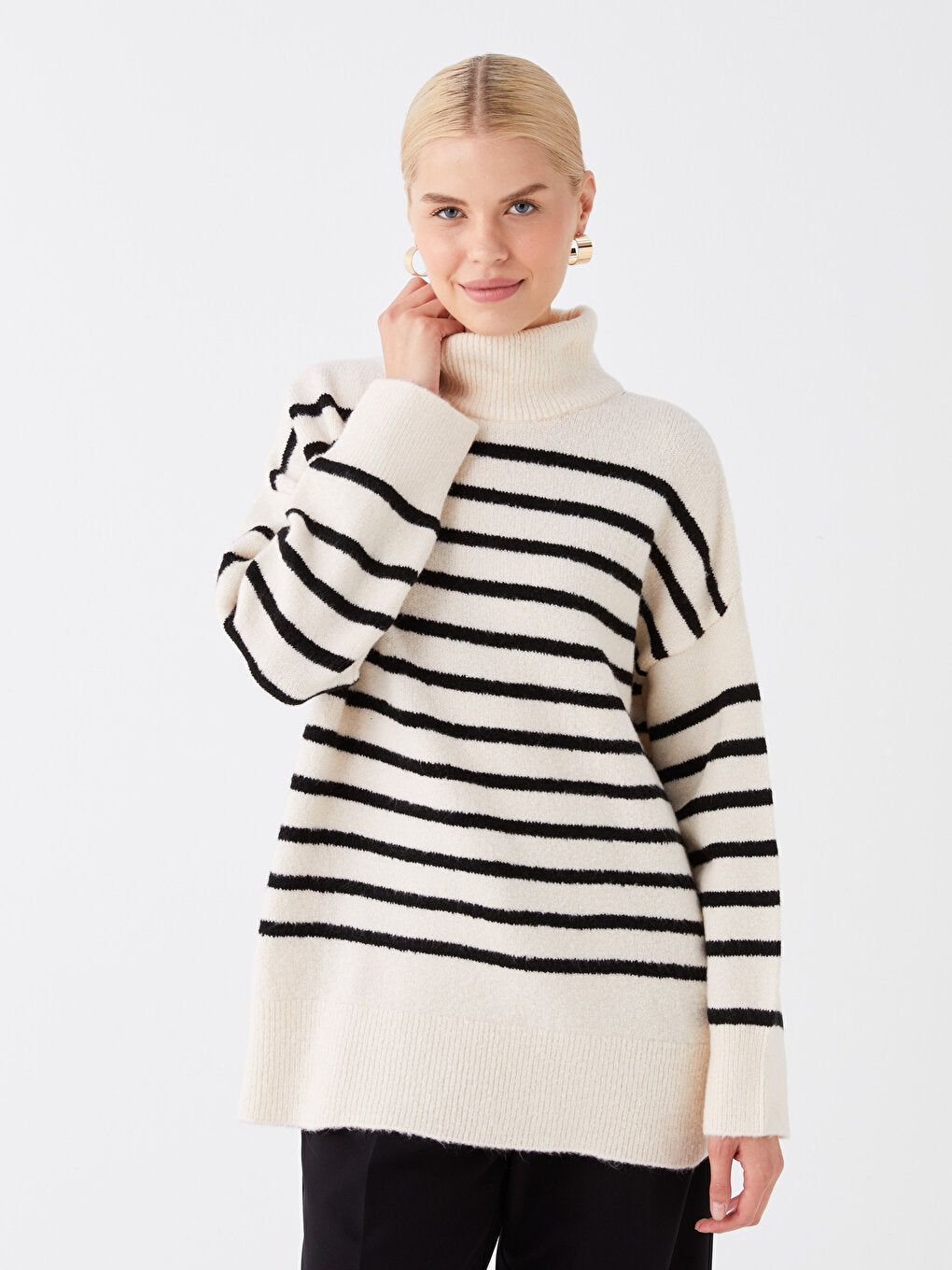 Turtleneck Striped Long Sleeve Oversize Women's Knitwear Sweater