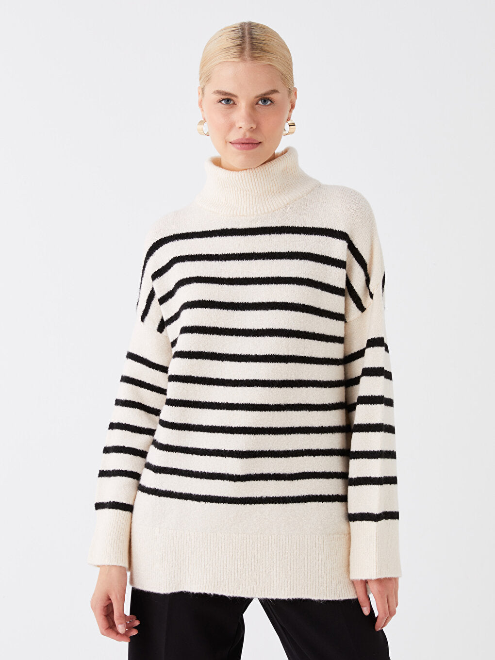 Turtleneck Striped Long Sleeve Oversize Women's Knitwear Sweater