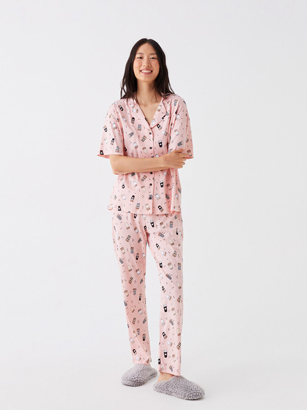 Shirt Collar Patterned Short Sleeve Women's Pajama Set