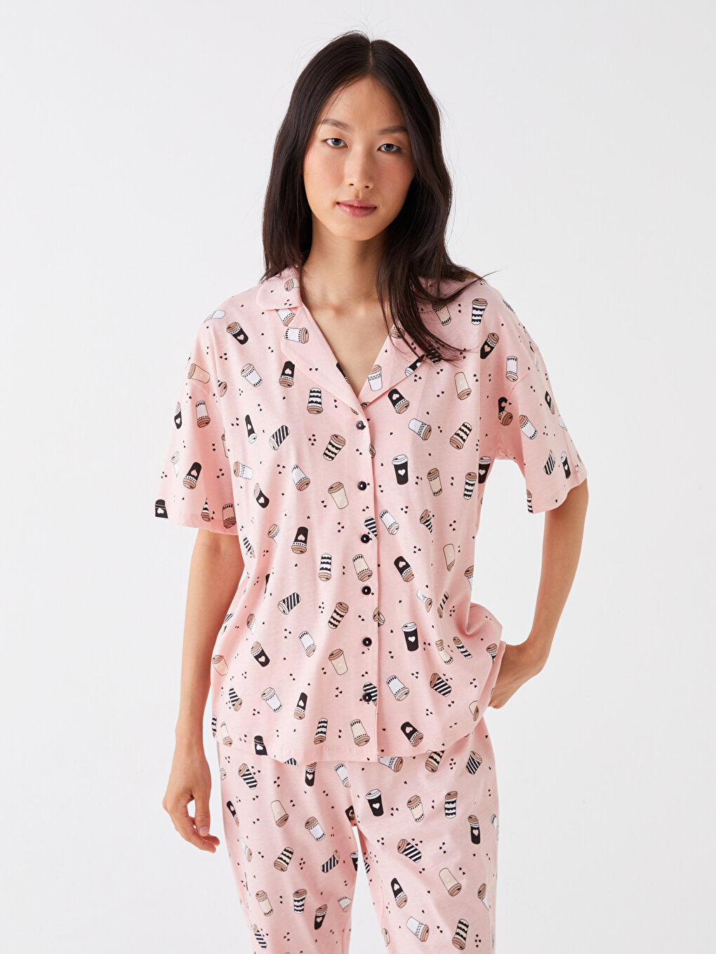 Shirt Collar Patterned Short Sleeve Women's Pajama Set