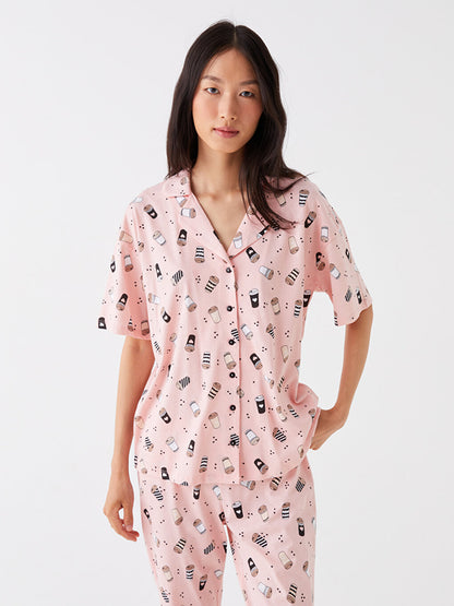 Shirt Collar Patterned Short Sleeve Women's Pajama Set