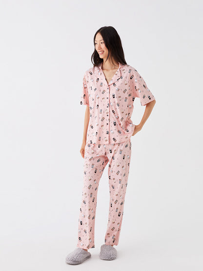 Shirt Collar Patterned Short Sleeve Women's Pajama Set