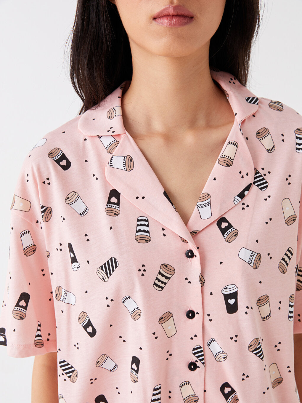 Shirt Collar Patterned Short Sleeve Women's Pajama Set