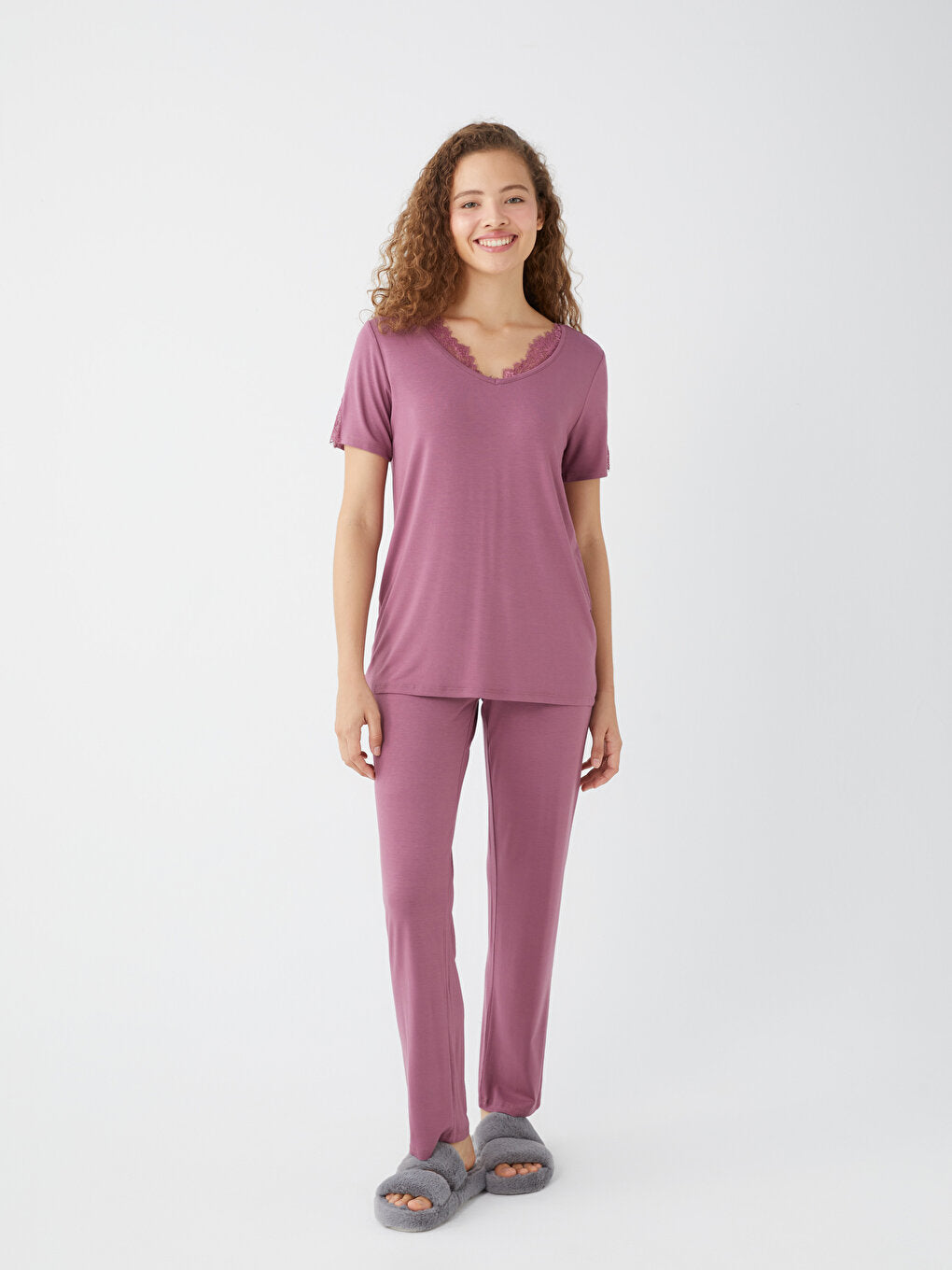 V-Neck Plain Short Sleeve Women's Pajama Set