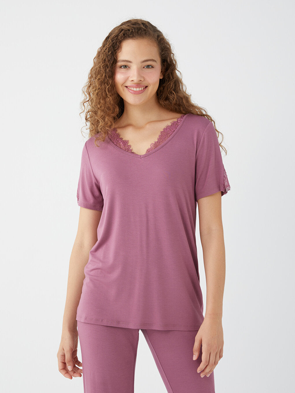 V-Neck Plain Short Sleeve Women's Pajama Set