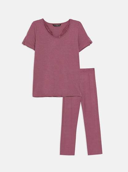 V-Neck Plain Short Sleeve Women's Pajama Set