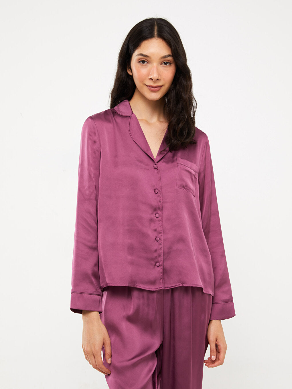 Shirt Collar Plain Long Sleeve Satin Women's Pajama Set