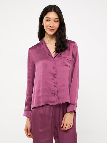 Shirt Collar Plain Long Sleeve Satin Women's Pajama Set