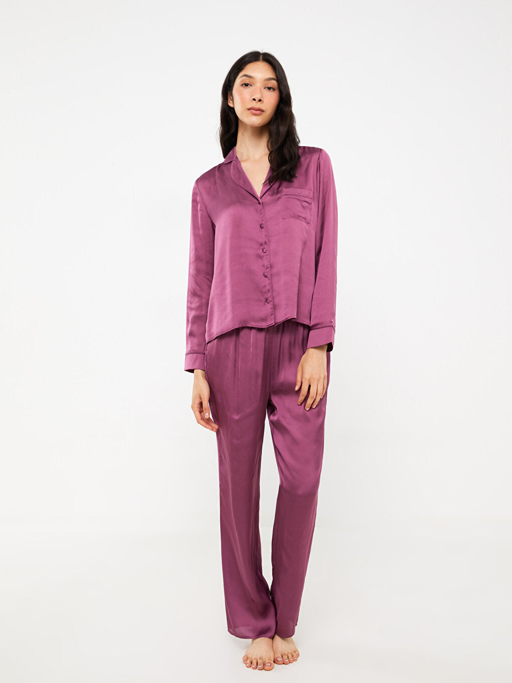 Shirt Collar Plain Long Sleeve Satin Women's Pajama Set