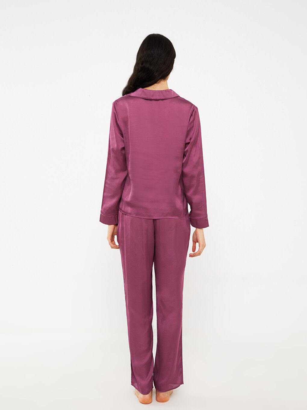 Shirt Collar Plain Long Sleeve Satin Women's Pajama Set