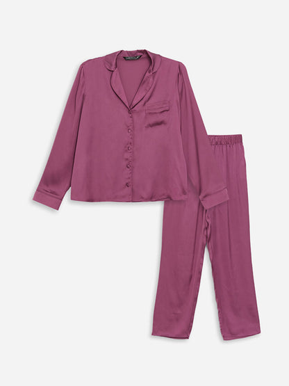 Shirt Collar Plain Long Sleeve Satin Women's Pajama Set