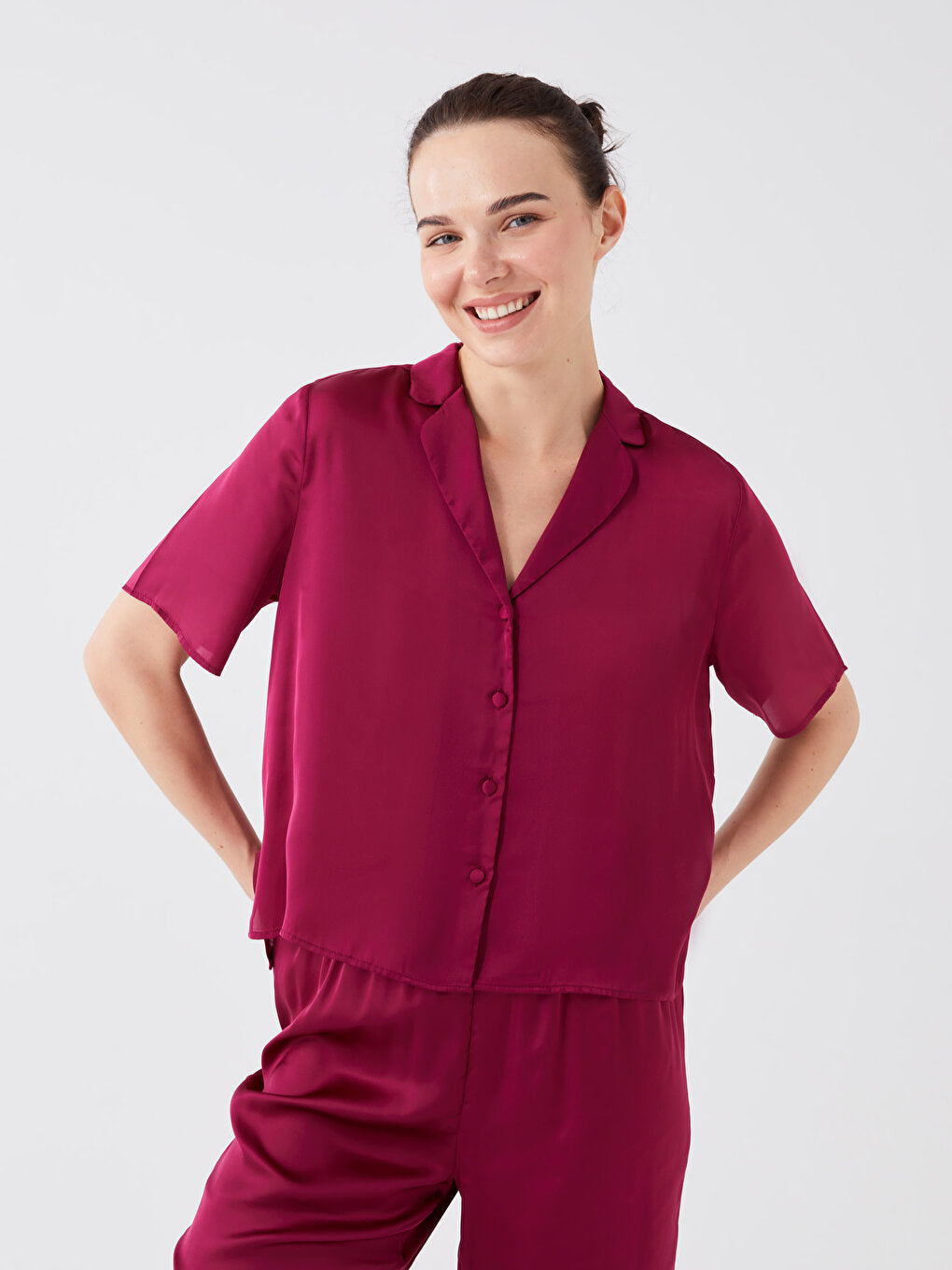 Shirt Collar Plain Short Sleeve Women's Pajama Set