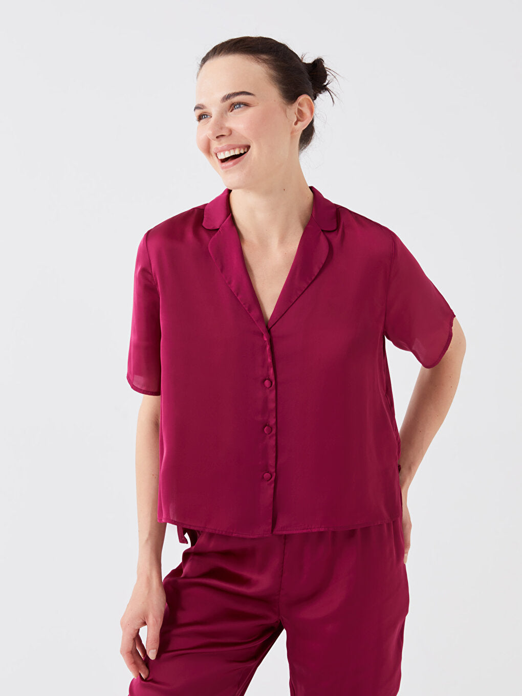 Shirt Collar Plain Short Sleeve Women's Pajama Set