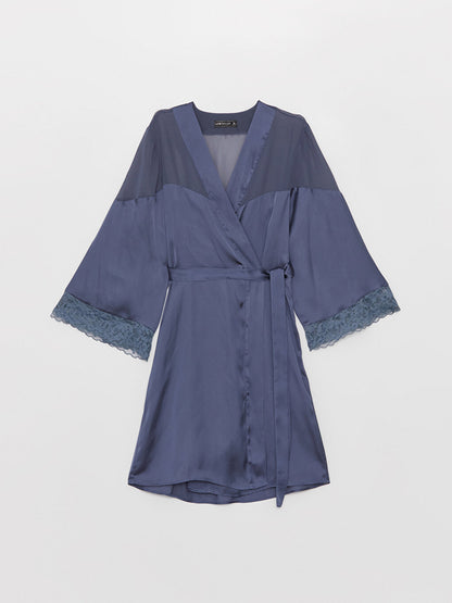 Double Breasted Collar Lace Detailed Satin Women's Dressing Gown