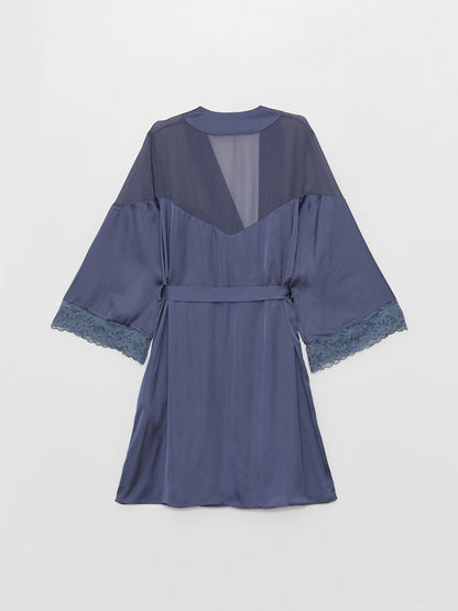 Double Breasted Collar Lace Detailed Satin Women's Dressing Gown