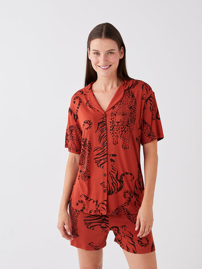 Shirt Collar Patterned Short Sleeve Women's Pajama Set with Shorts