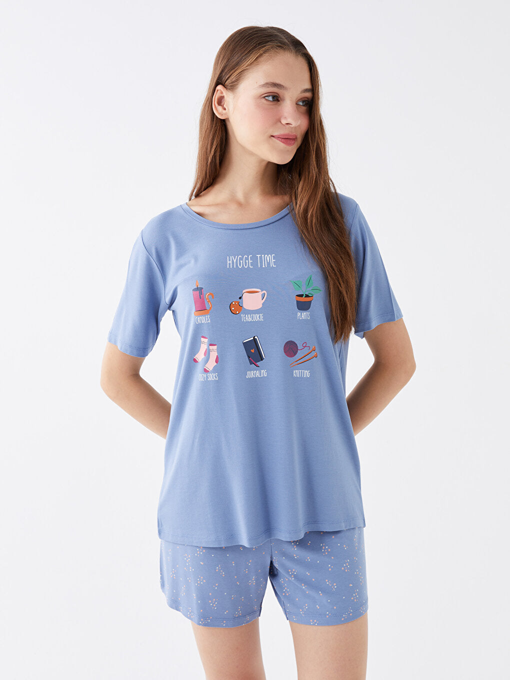 Crew Neck Printed Short Sleeve Women's Pajama Set with Shorts