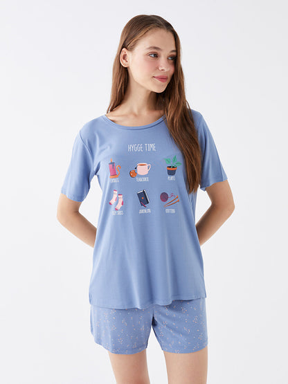 Crew Neck Printed Short Sleeve Women's Pajama Set with Shorts