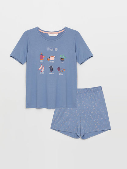 Crew Neck Printed Short Sleeve Women's Pajama Set with Shorts