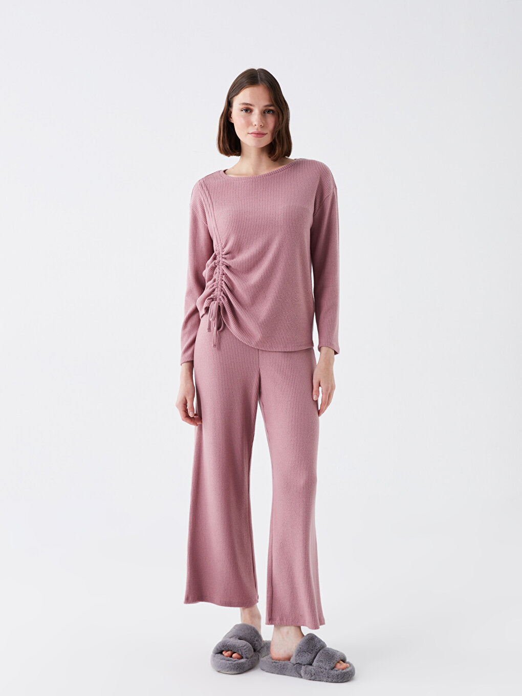 Petite Crew Neck Plain Long Sleeve Women's Pajama Set