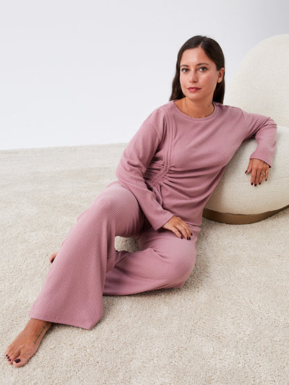 Petite Crew Neck Plain Long Sleeve Women's Pajama Set