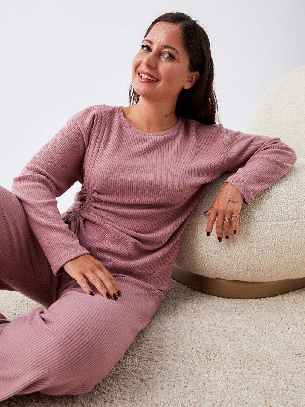 Petite Crew Neck Plain Long Sleeve Women's Pajama Set