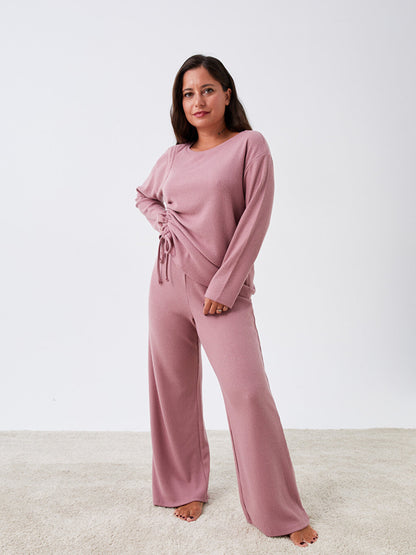 Petite Crew Neck Plain Long Sleeve Women's Pajama Set