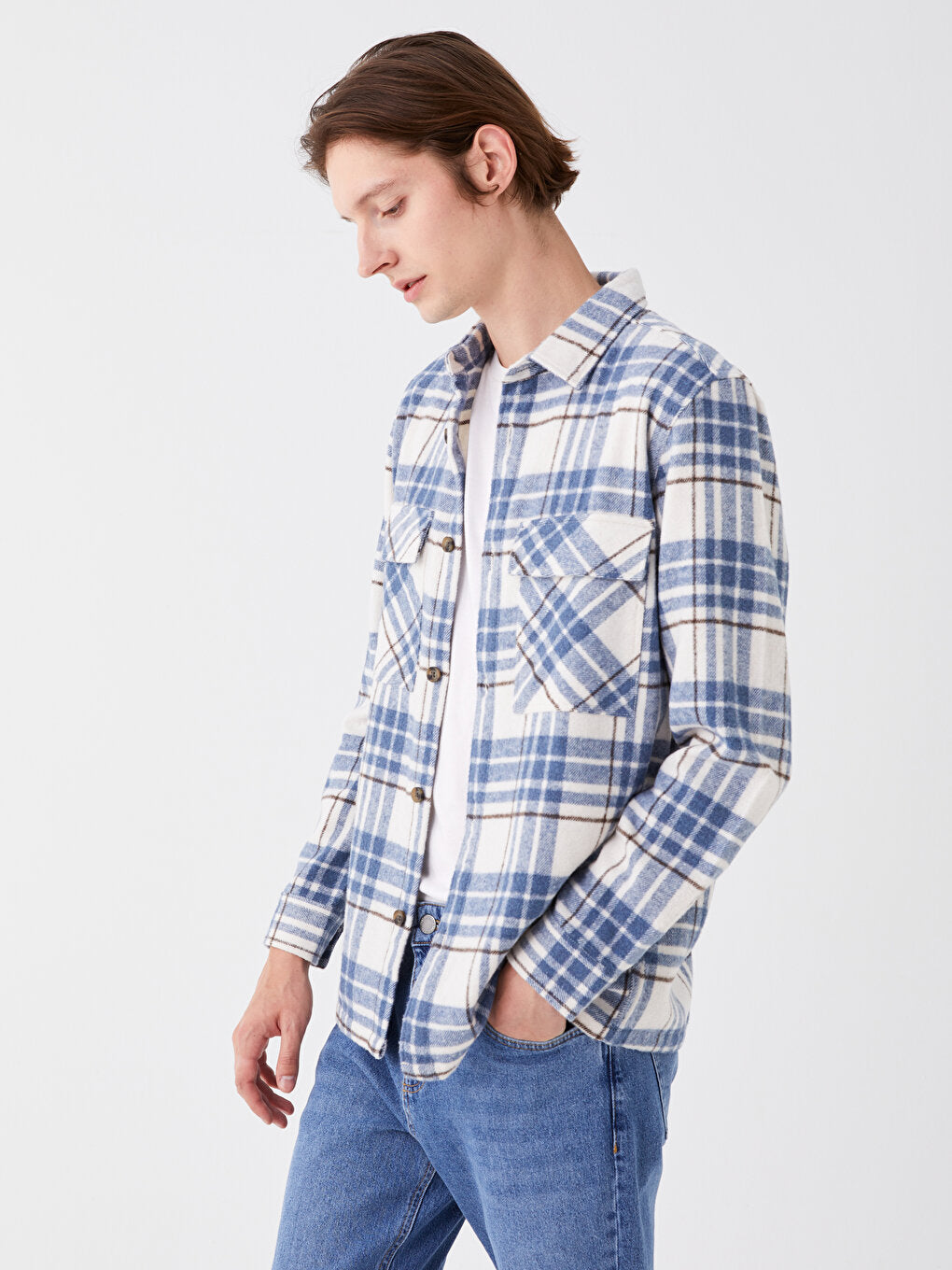 Regular Fit Long Sleeve Plaid Men's Shirt Jacket