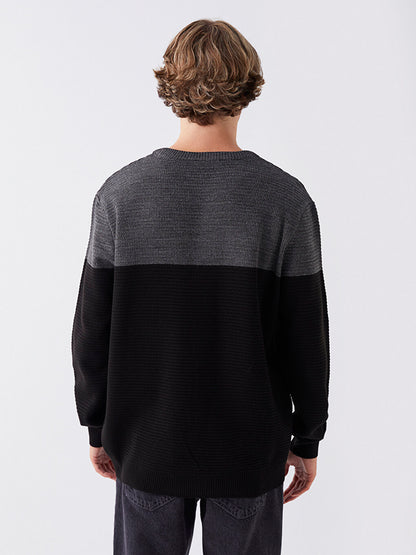 Crew Neck Long Sleeve Color Block Men's Knitwear Sweater