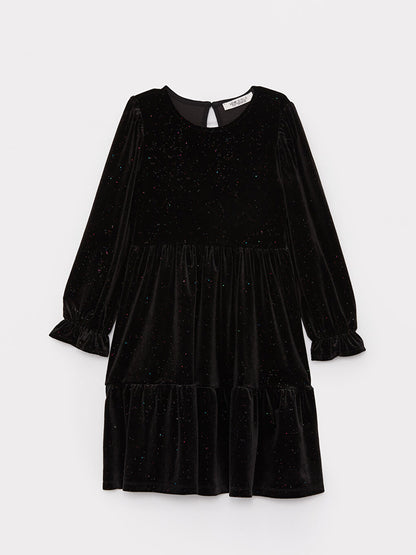 Crew Neck Long Sleeve Velvet Girl's Dress