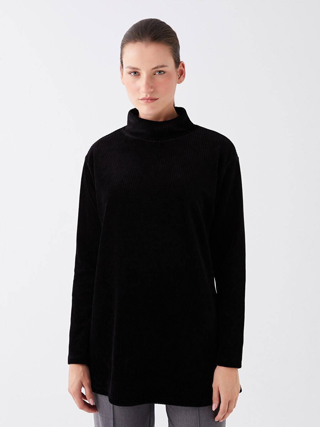 High Collar Plain Long Sleeve Velvet Women's Tunic