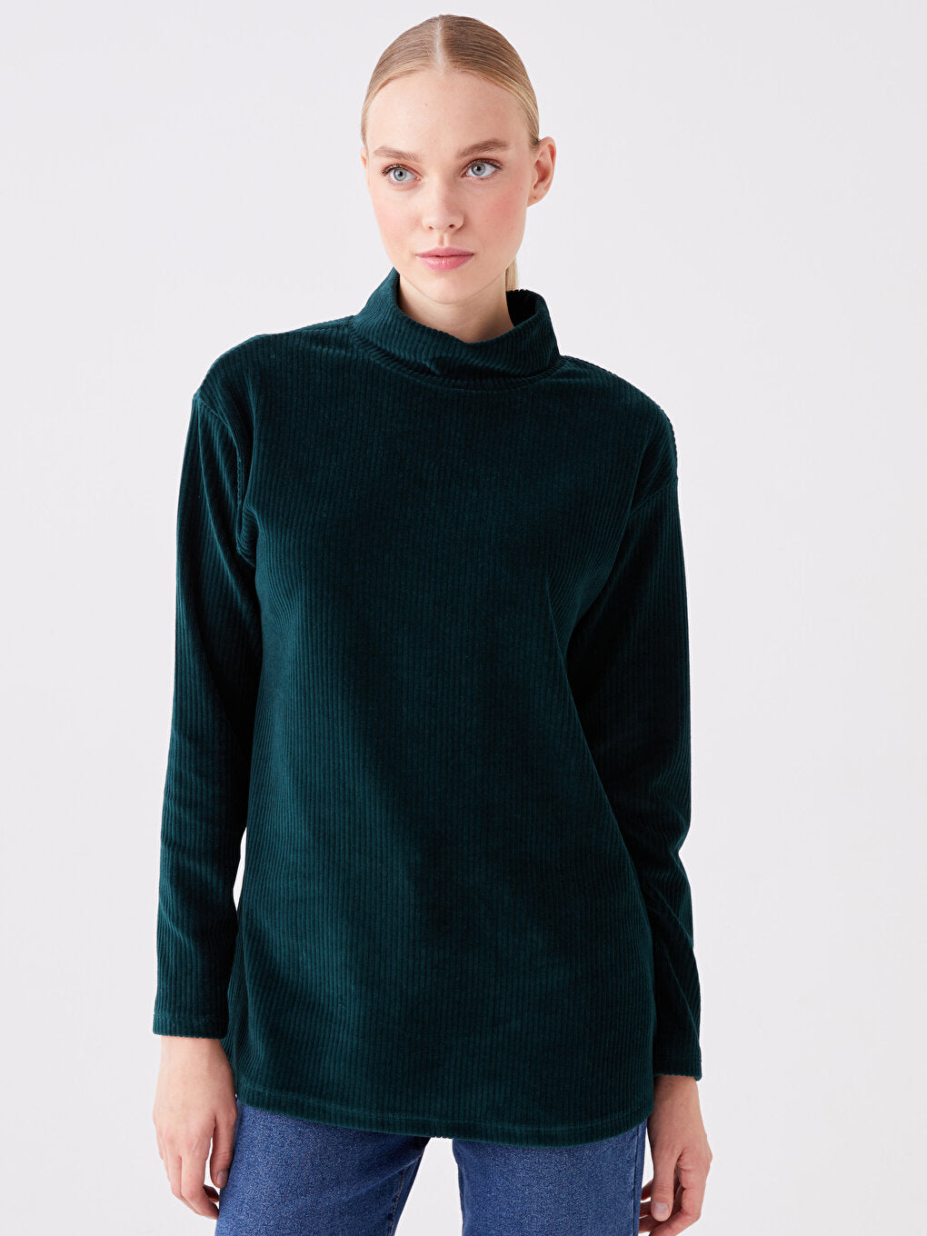 High Collar Plain Long Sleeve Velvet Women's Tunic