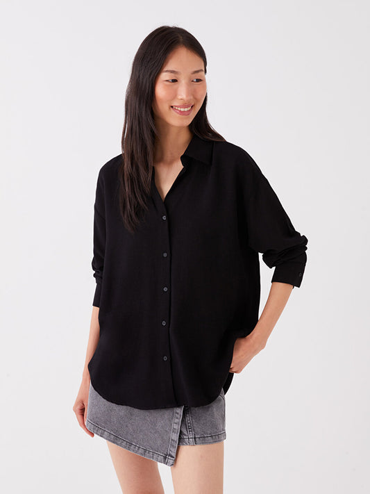 Plain Long Sleeve Oversize Linen Blend Women's Shirt