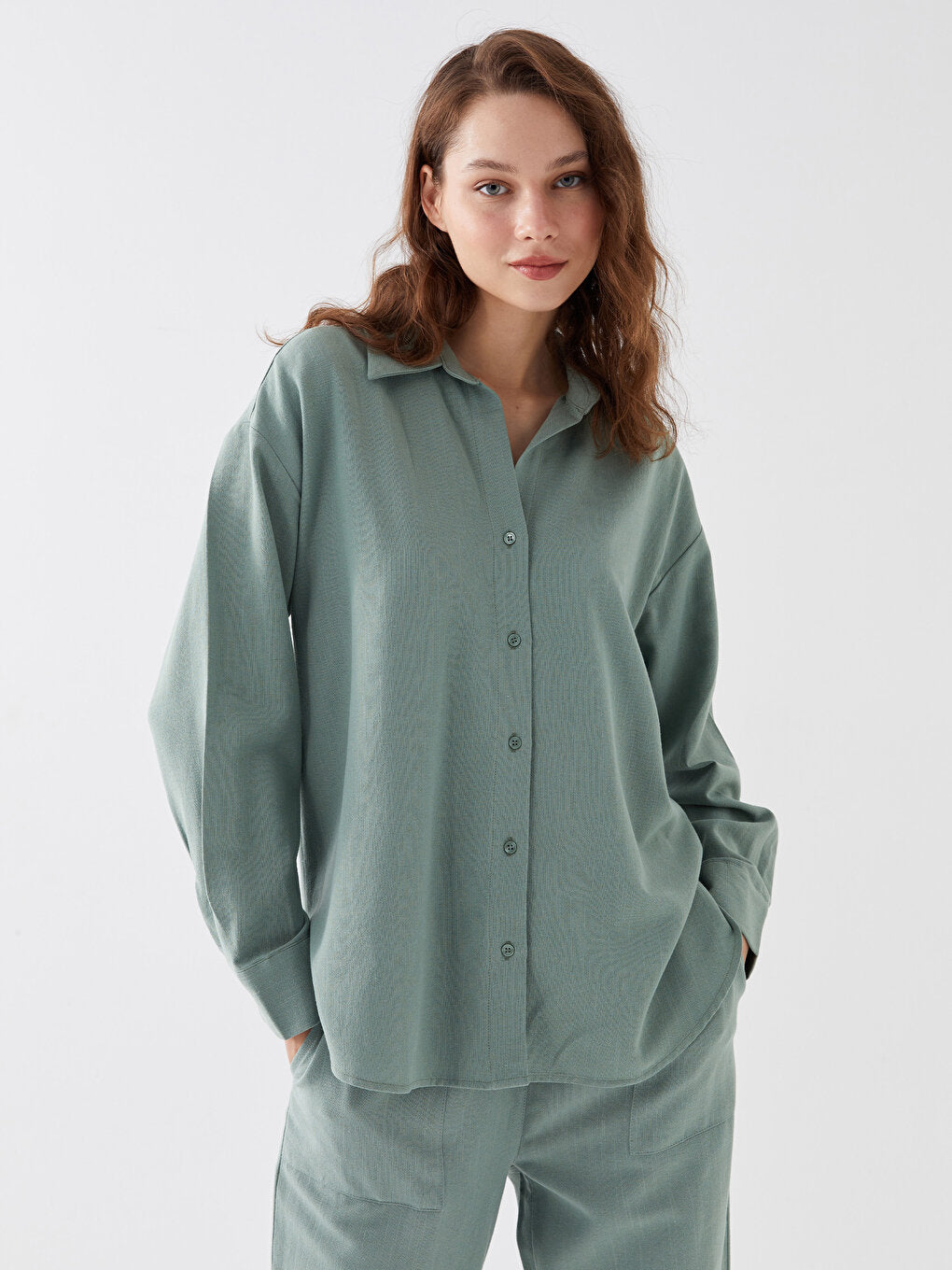 Plain Long Sleeve Oversize Linen Blend Women's Shirt