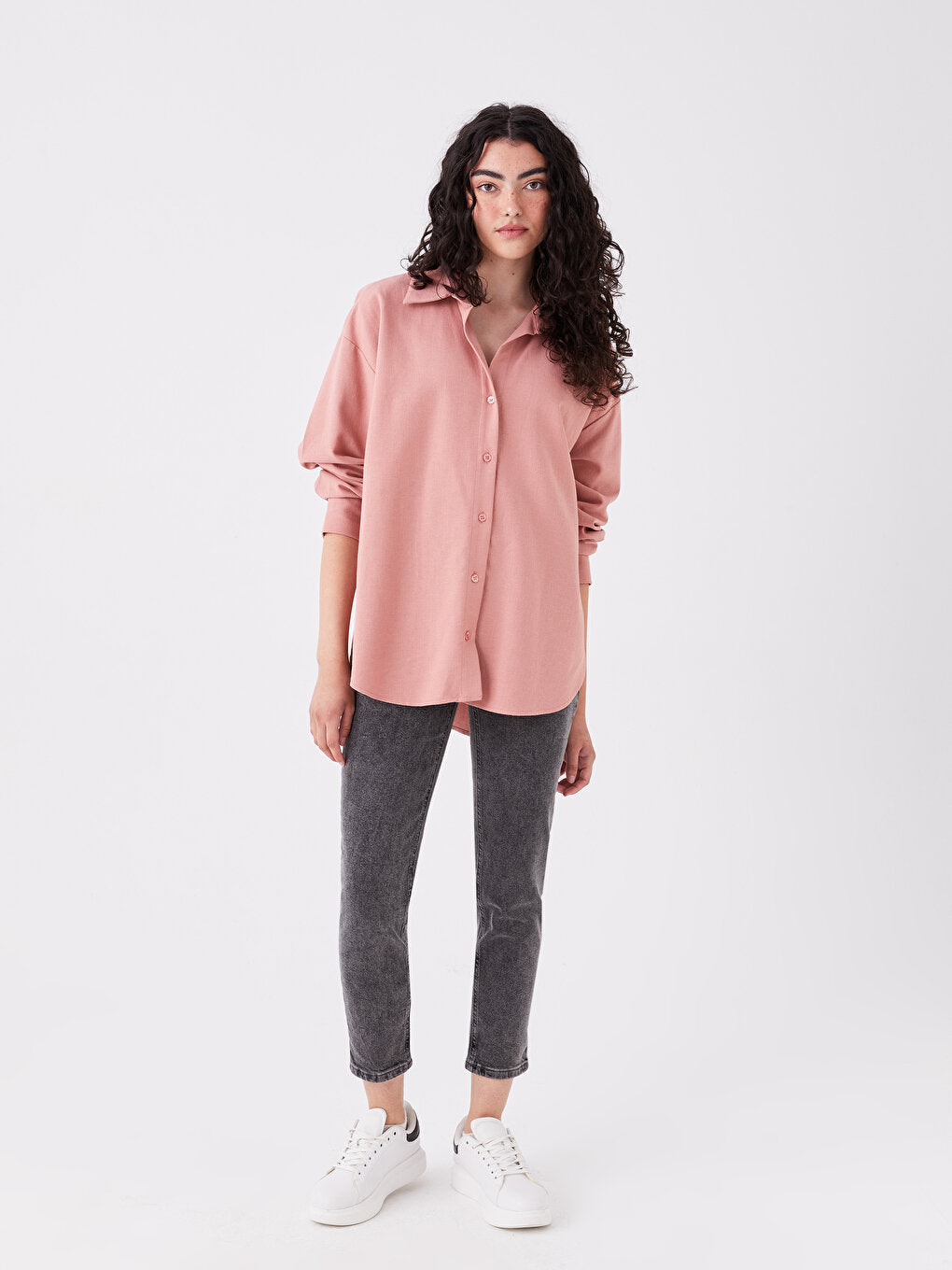 Plain Long Sleeve Oversize Linen Blend Women's Shirt