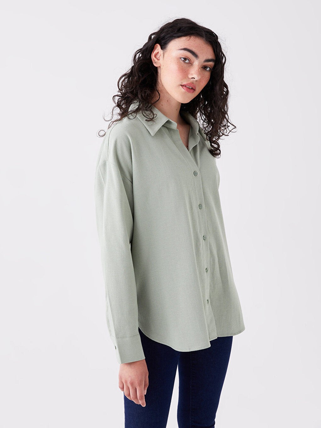 Plain Long Sleeve Oversize Linen Blend Women's Shirt