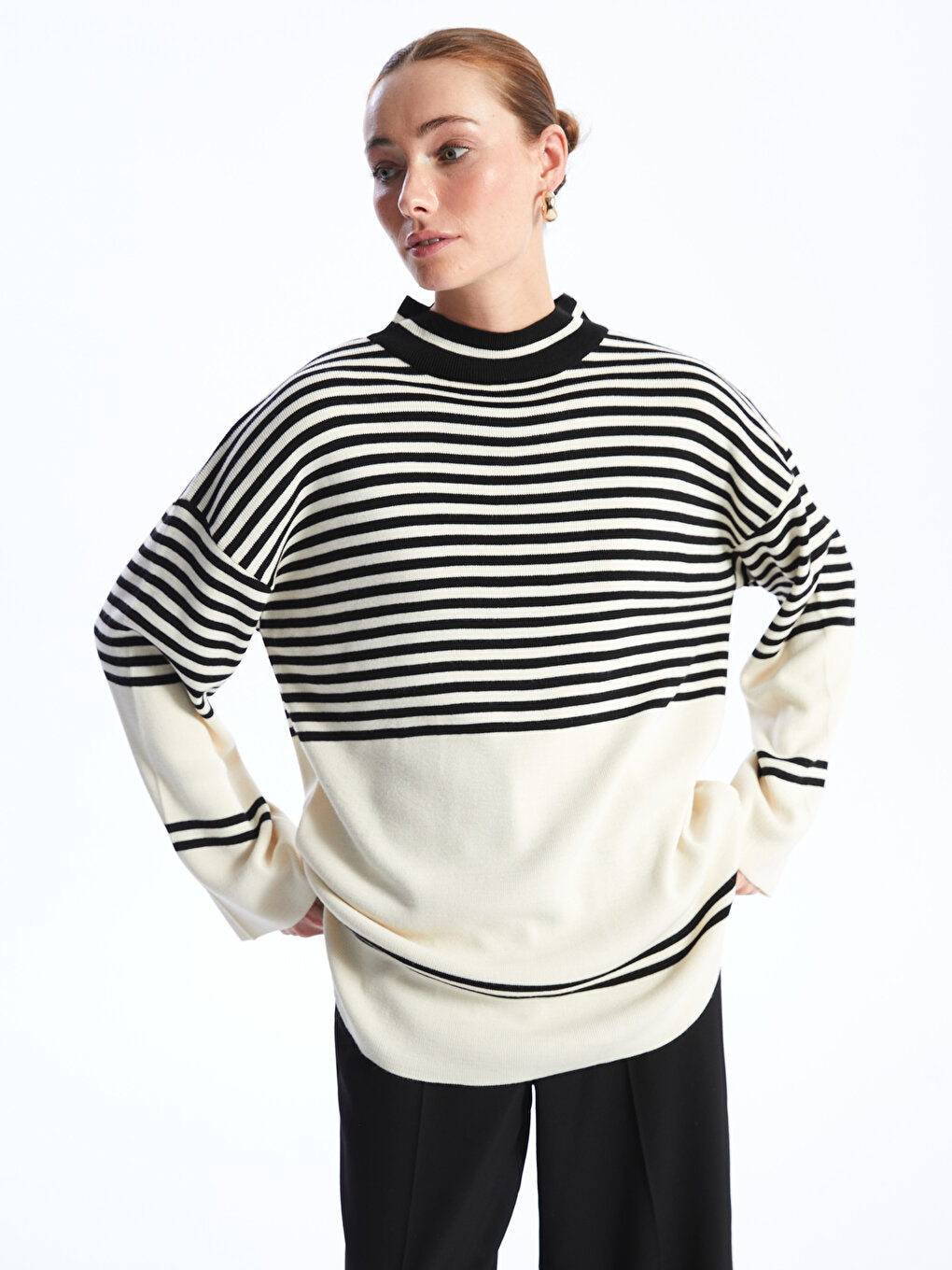 Half Turtleneck Striped Long Sleeve Women's Knitwear Tunic