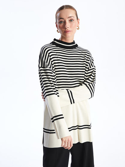 Half Turtleneck Striped Long Sleeve Women's Knitwear Tunic