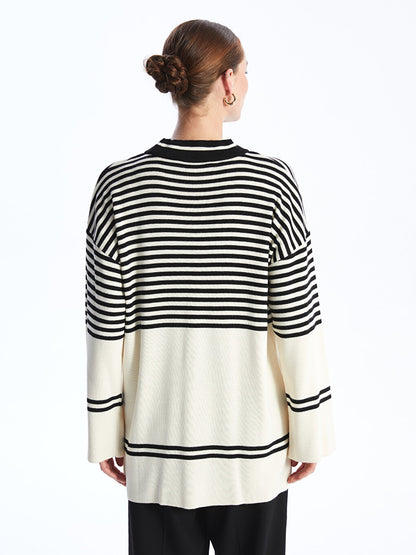 Half Turtleneck Striped Long Sleeve Women's Knitwear Tunic