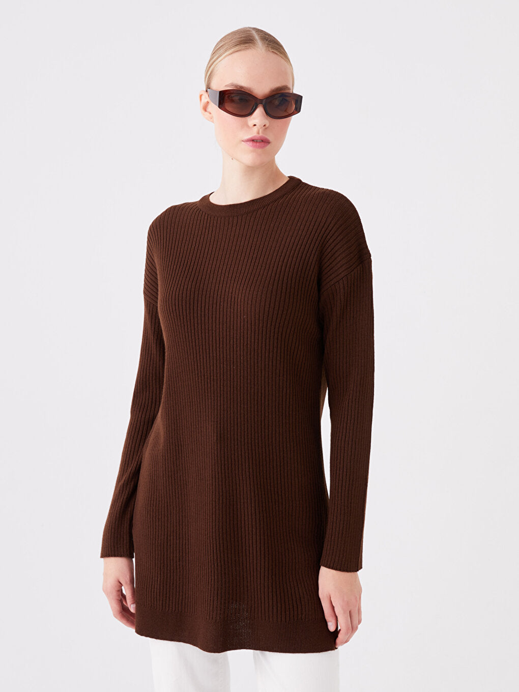 Crew Neck Plain Long Sleeve Oversize Women's Knitwear Tunic