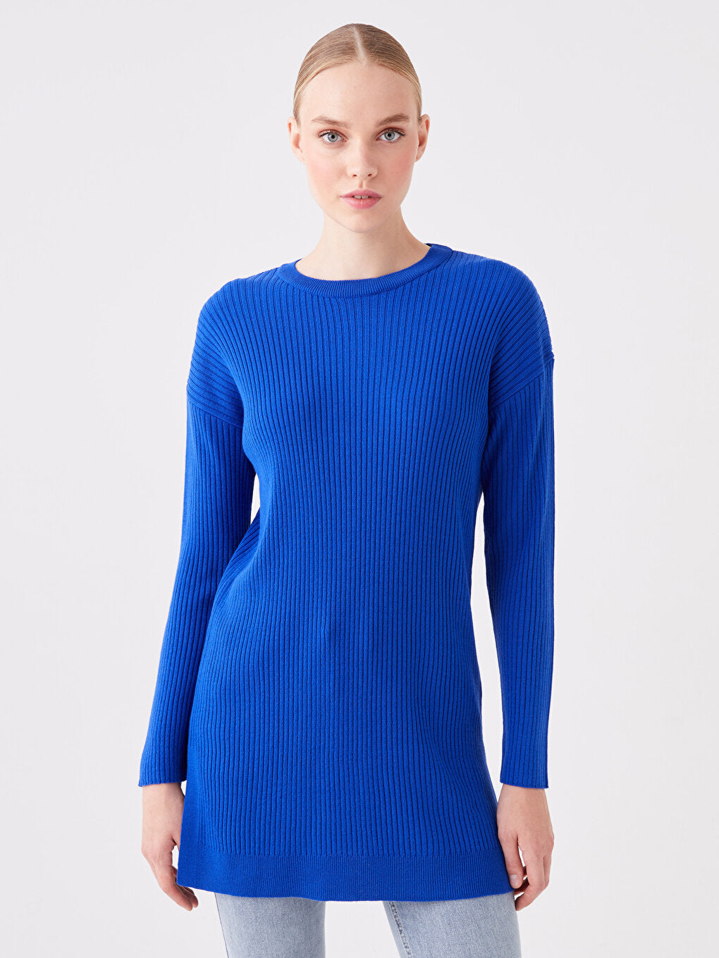 Crew Neck Plain Long Sleeve Oversize Women's Knitwear Tunic