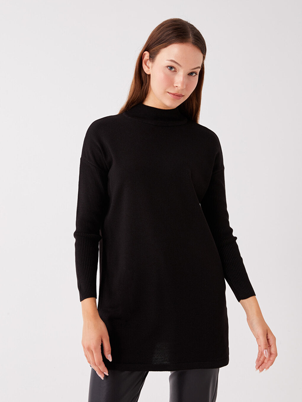 Half Turtleneck Plain Long Sleeve Oversize Women's Knitwear Tunic