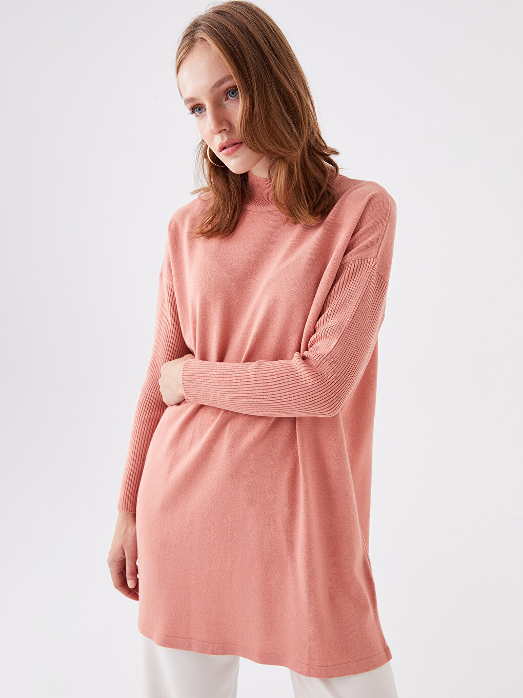 Half Turtleneck Plain Long Sleeve Oversize Women's Knitwear Tunic