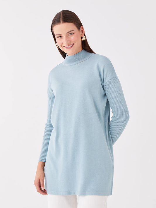 Half Turtleneck Plain Long Sleeve Oversize Women's Knitwear Tunic