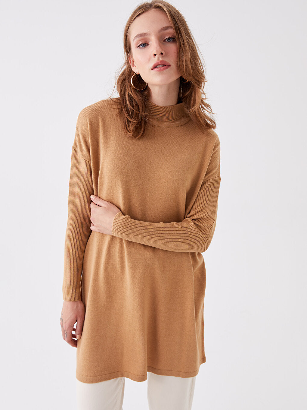 Half Turtleneck Plain Long Sleeve Oversize Women's Knitwear Tunic