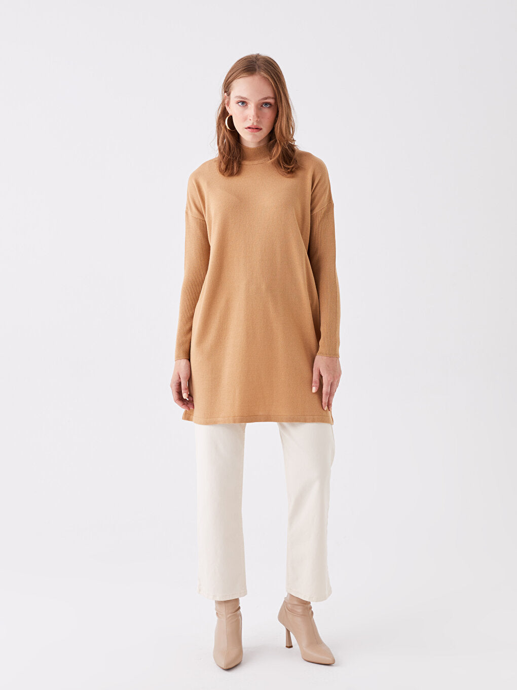 Half Turtleneck Plain Long Sleeve Oversize Women's Knitwear Tunic