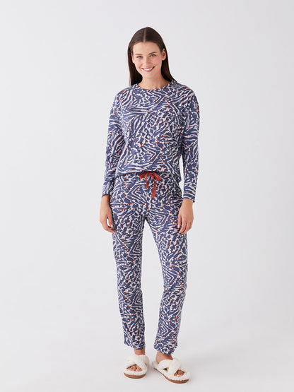 Crew Neck Patterned Long Sleeve Women's Pajama Set